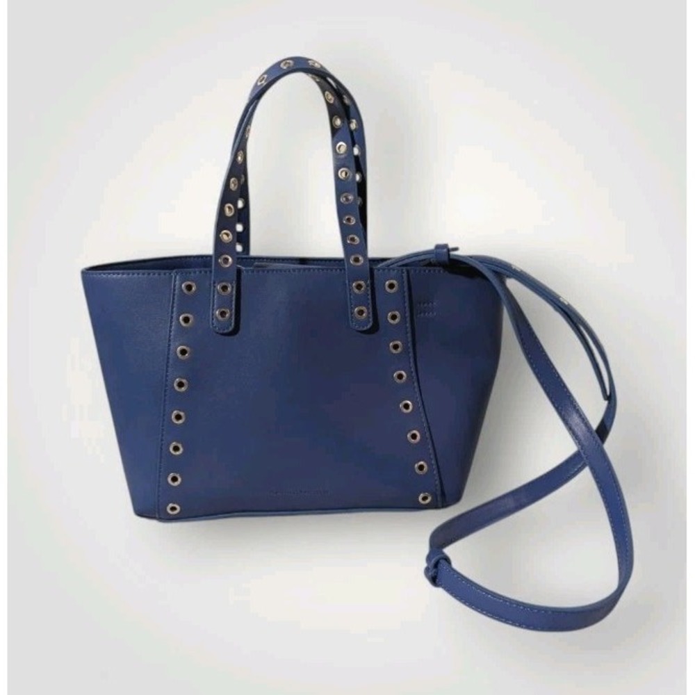French Connection Purse Blue Faux Leather Bag Tote Grommets Double Handle